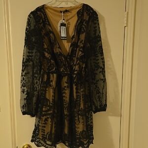 Black Lace Overlay Dress With Sheer Sleeves